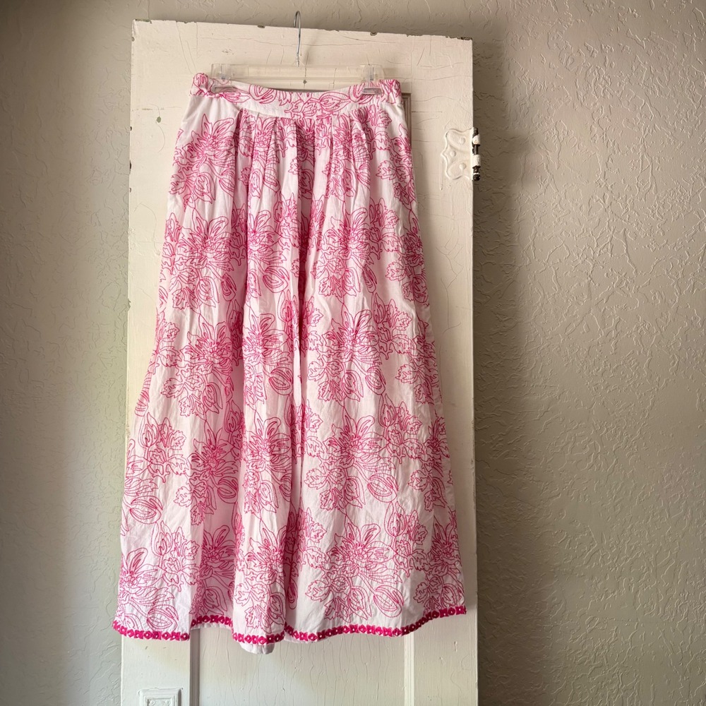 Nimo Pink White Embroidered Cotton Maxi Skirt Medium Pockets Beaded Hem - Picture 2 of 8